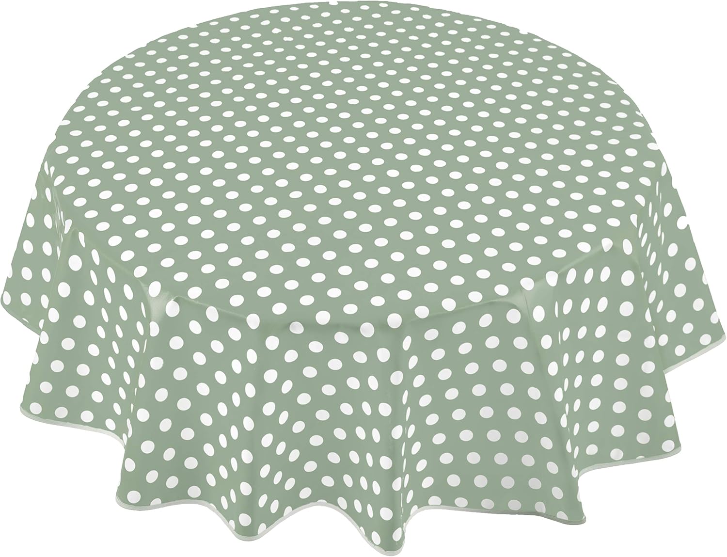 Round Oilcloth PVC Wipe Clean Tablecloth 160cm 62" Polka Dot Sage Green