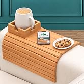 Bamboo Couch Cup Holder, Couch Armrest Table &amp; Sofa Arm Tray for Drinks | Natural Finish, Non-Slip Foldable, For Recliner, Loveseat, Sectional &amp; Chair, Side Organizer for Coffee, Tea &amp; Remote