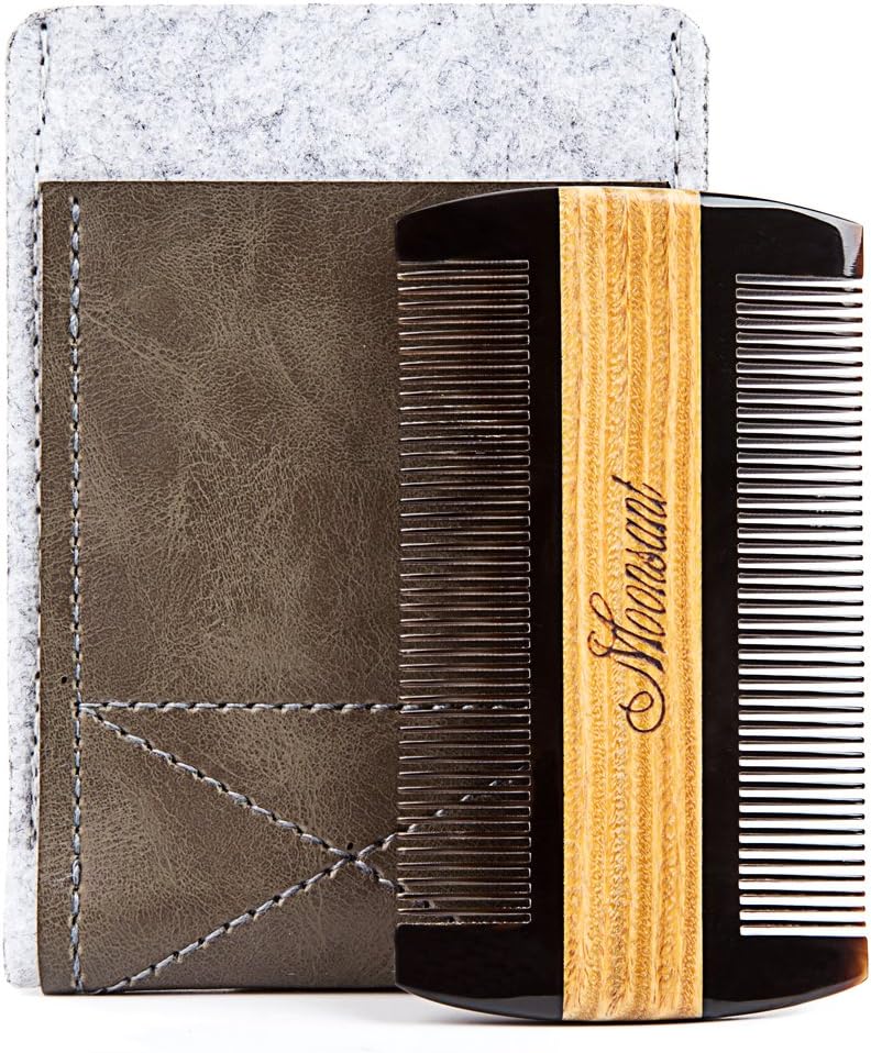 Beard Comb-Black Buffalo Horn&Green Sandal Wood Comb-Cool Pocket Comb for Men's Hair Beard Mustache and Sideburns - Perfect for Balm and Oils (Gray)