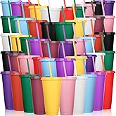 Honeydak 60 Pcs Tumbler with Straw and Lid Bulk Water Bottle Iced Coffee Travel Mug Cup Reusable Plastic Cups for Party Birthdays 24-27 oz (Solid Color)