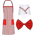 Haysandy 3 Pieces 1950s Adult Waiter Costume Kit Soda Jerk Costume Red and White Striped Apron Bib Apron Outfit for Carnival