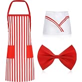 Haysandy 3 Pcs Waiter Costume Red White Striped Apron | 1950s Adult Soda Jerk Outfit with Bib Apron Bowtie Cap, Ideal for Halloween Carnival Party, Car Hop &amp; Waiter Themed Dress‑up