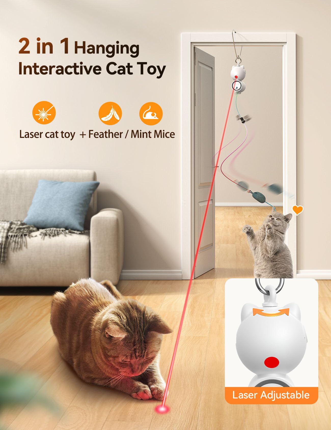 FEELNEEDY Katzenspielzeug Elektrisch mit LED Red Light Spielzeug für Katzen, Cat Toy Hängendes Automatisch Einziehbares Interaktives Spielzeug Teaser Selbstspiel Federspielzeug (Weiß) 2