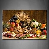 Food Wall Art Fruit Canvas Dining Room Brown Picture Kitchen Wall Decor Various Fruit Bread in Basket On The Table Picture Print On Canvas Food for Living Room Office Home Decor