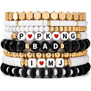 8PCS Black & White Polymer Clay Bracelets, Music Inspired Fan Jewelry | Stackable 8-Piece Set, Unisex Monochrome Style, Easy