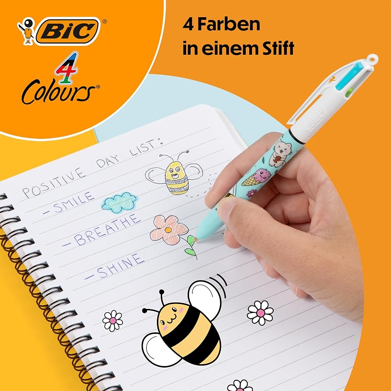 4 Colours Decors Kawaii-Reihe Druck-Kugelschreiber mit mittlerer Spitze (1,0 mm) in lustigen Titenfarben + BIC Highlighter Grip Decors mit Keilspitze – verschiedene Kawaii-Designs, Packung à 2+2