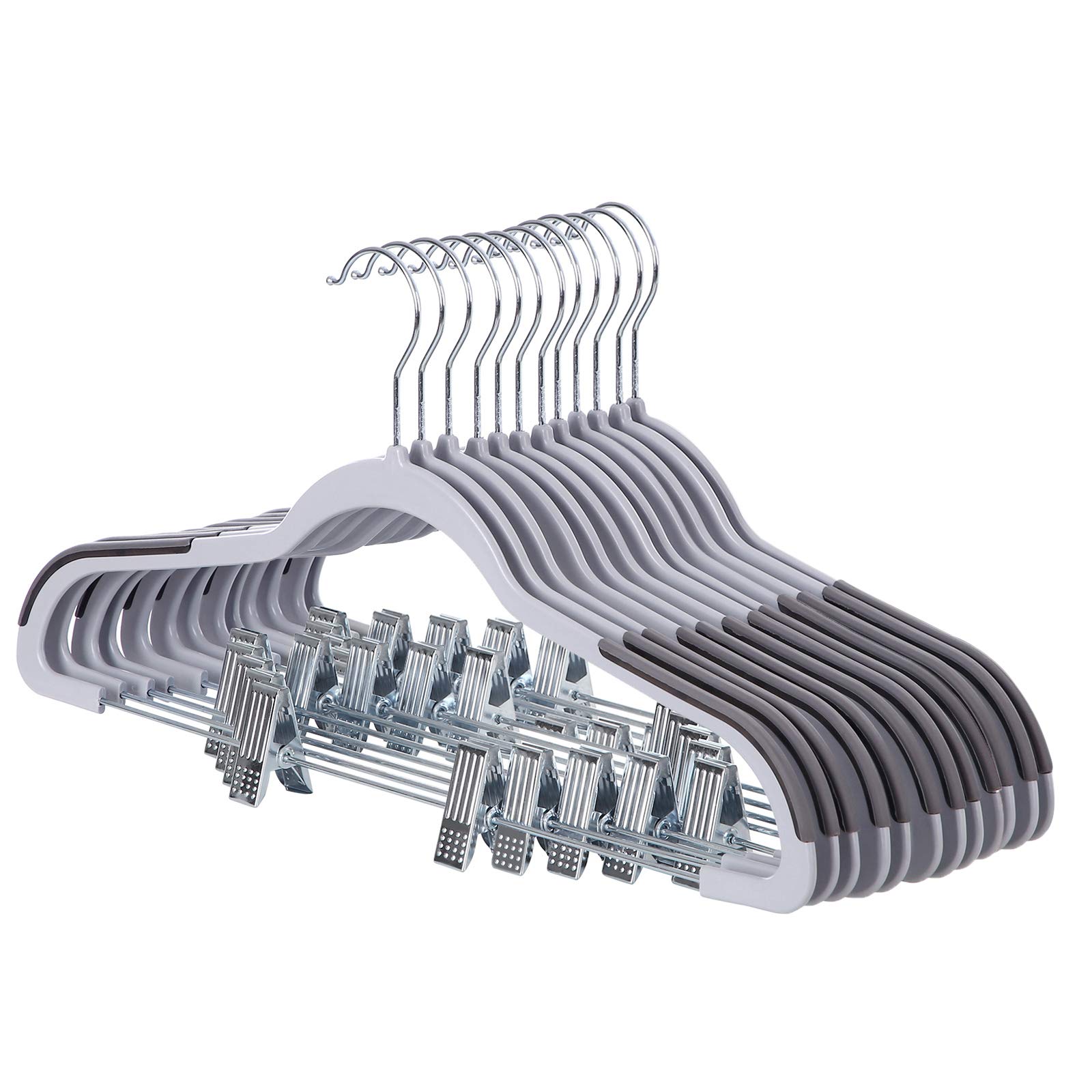 SONGMICS 12 Pack Trousers Hangers, with Clips, Non-slip, Heavy Duty, Premium Quality Plastic, 0.5 cm Thickness Space-saving, 360° Swivel Hook, for Trousers, Pants, Skirts, Dresses, Grey CRP01G-12