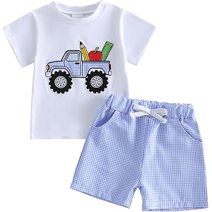 Kavousa Toddler Boy School Kindergarten Pre K Outfit Crew Neck Short Sleeve Top and Shorts Set Baby Summer Clothes
