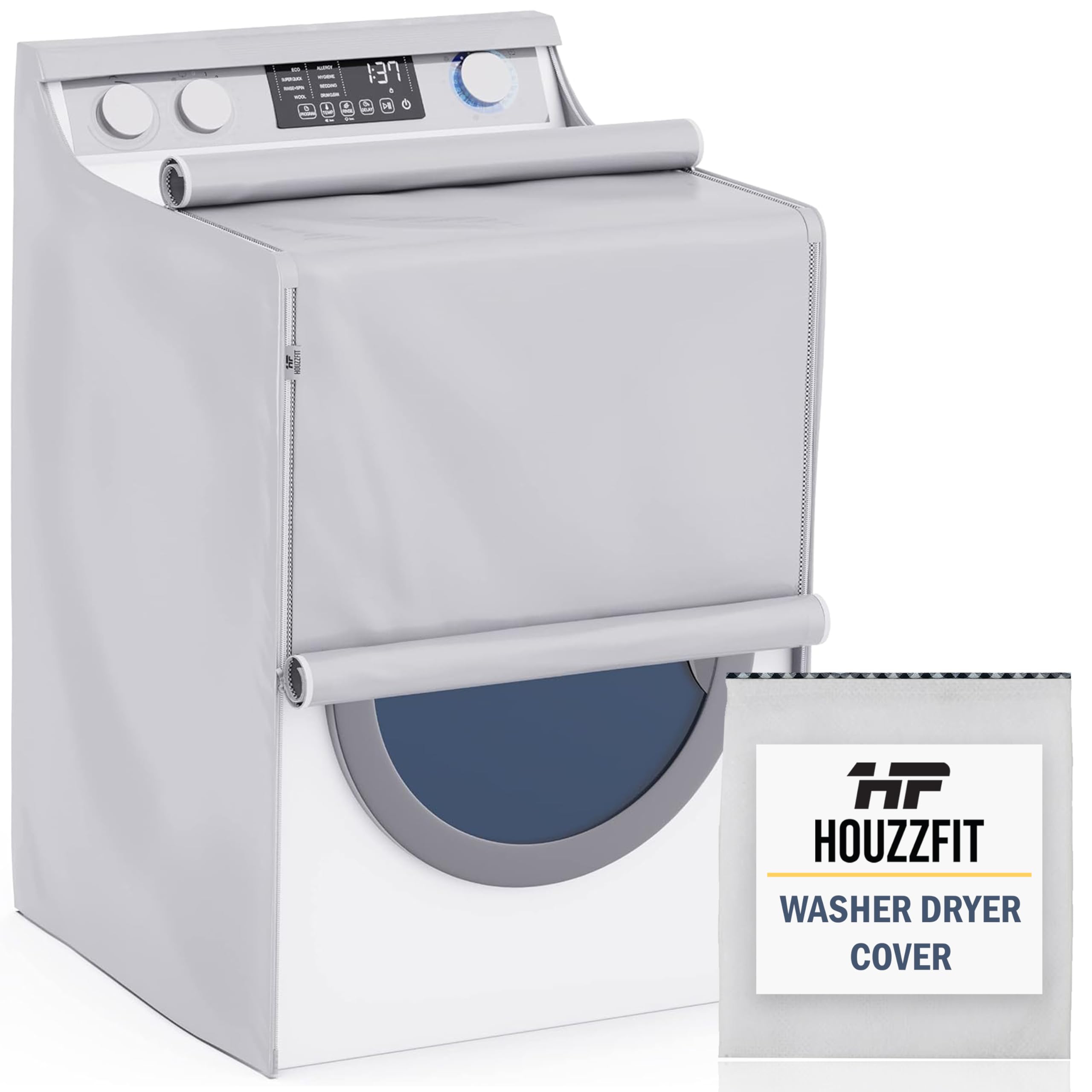 Photo 1 of Houzzfit Washer and Dryer Covers for the Top-Thick Fabric Washing Machine Cover for Top Load - Silver Waterproof and Dustproof Washer Dryer Covers with Smooth Zipper and Velcro - 29 x 28 x 43 Inches.
