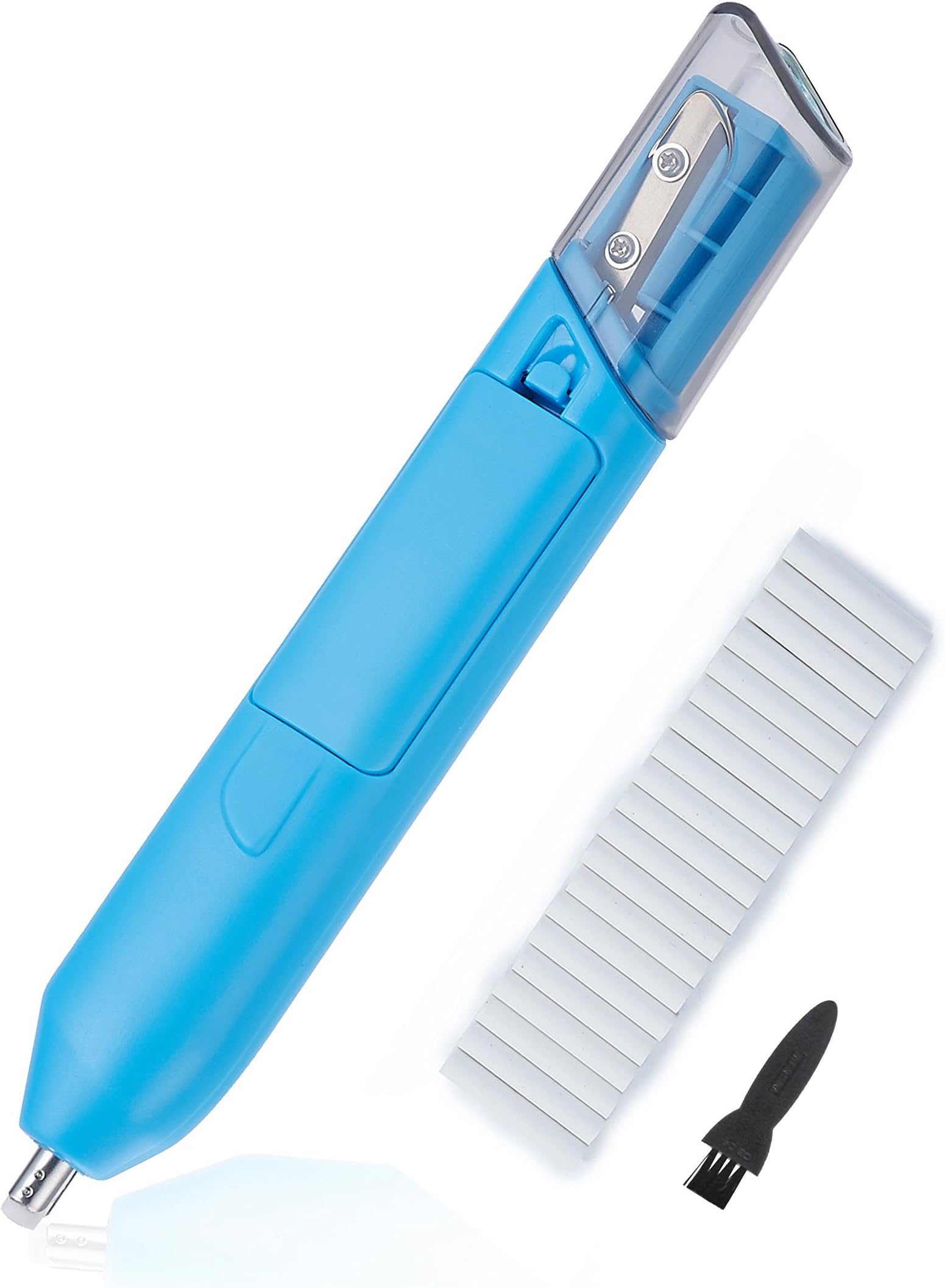 Reliatronic All-in-One Electric Eraser with Manual Pencil Sharpener, 20 Eraser Refills and 1 Eraser Brush Included, Battery Operated, Blue