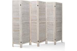 ECOMEX 6 Panel Wood Room Divider, Folding Room Divider Privacy Screen 5.6Ft Tall, Freestanding Louvered Divider Screen for Home Office Restaurant Bedroom(White)