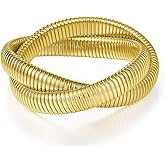 Emibele Gold Bangles Bracelet Set for Women, 18K Gold Plated Chunky Stainless Steel Non Tarnish Stretch Bracelet Stack, Flexible Wide Wristband Bangle Layered Snake Chain Bracelets