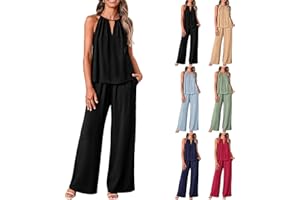 GUMIPY Women Linen Set Casual Summer Outfits 2 Piece Vacation Outfits Sleeveless Halter Top Wide Leg Palazzo Pants Beach Sets