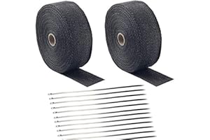 Foneso 2 Rolls 2" x 50' Black Exhaust Heat Wrap Roll for Motorcycle Fiberglass Heat Shield Tape with Stainless Ties with 24 Tie Kits