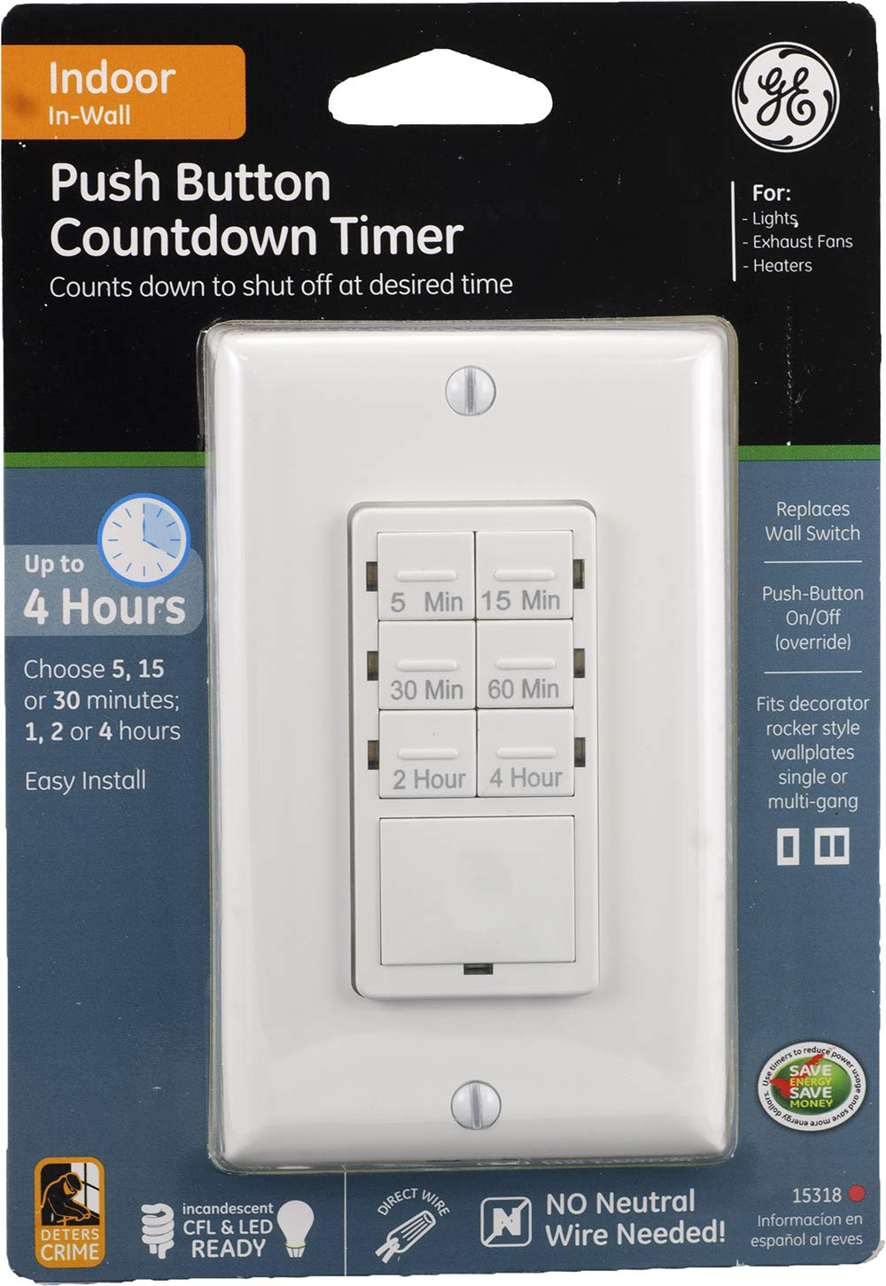 GE PushButton Countdown Timer Switch, 51530 Minute/124 Hour, ON