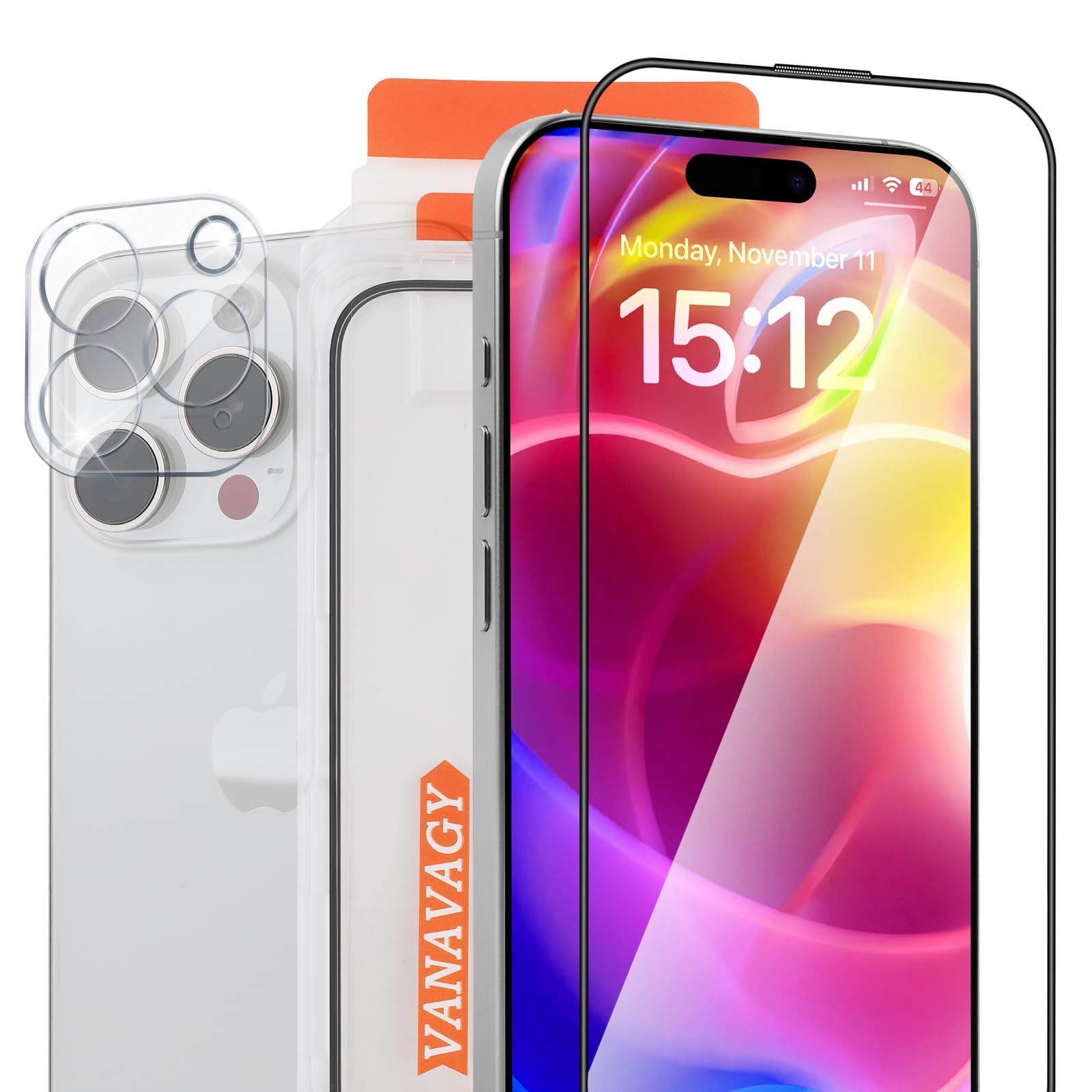 VANAVAGY Glass Screen Protector Compatible for iPhone 16 pro max 6.9 inch [2 Pack][Scratch Resistant], Camera Lens Protector included, Film with Frame Full Coverage Case for Easy Installation