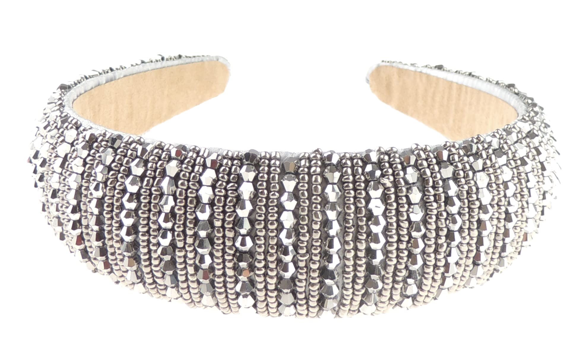 Womens Sparkly Beaded Rhinestone Embellished Jeweled Crystal Wide Thick Padded Evening Formal Occasion Christmas Birthday Wedding Bridal Party Headband Alice Band Hairband (Silver Silver, One Size)