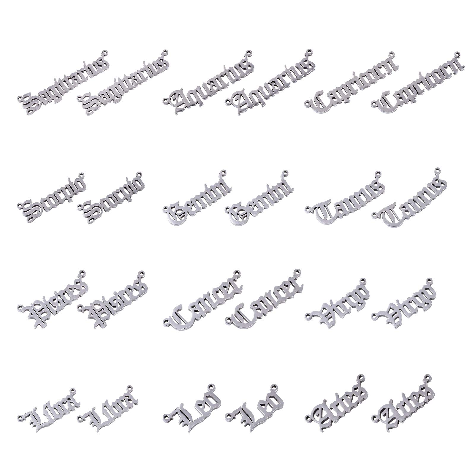 UNICRAFTALE about 12pcs Hollow Word Zodiac Sign Stainless Steel Linking Charms Constellation Words Links Connectors Metal Connector Charms for Jewelry Making 1.4mm Hole Stainless Steel Color