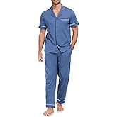 COLORFULLEAF Men's 100% Cotton Pajamas Set Button Down Short Sleeve Sleepwear Long Pants Pjs for Men with pockets
