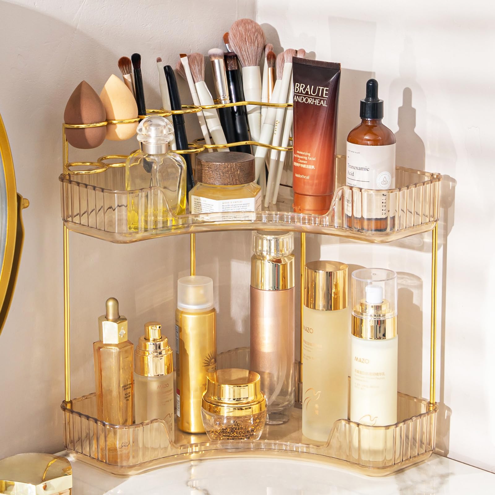 Photo 1 of NATURE'S SOURCE Makeup Organizer for Vanity, 2-Tier Corner Bathroom Organizer Countertop with Makeup Brush Holder, Corner Counter Storage for Bathroom Dresser-Amber Gold