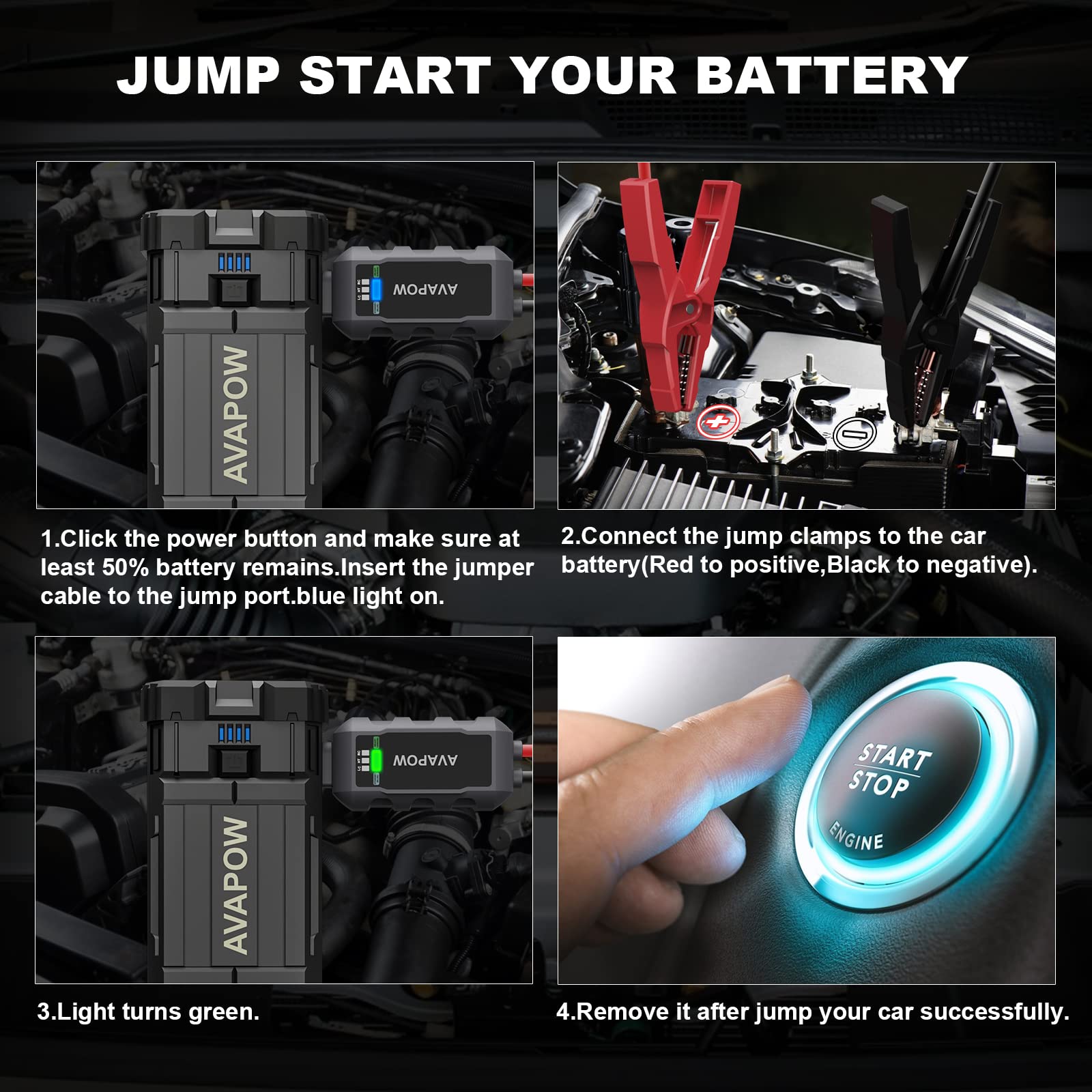 AVAPOW Car Battery Jump Starter 2000A Peak, Jumpstart with Force Start Function, Portable Starters for Up to 8L Gas 6.5L Diesel Engine with Booster Function,12V Lithium Jump Charger Pack Box