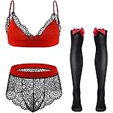 ABAFIP Men Sissy Underwear Floral Lace Bra Bikini Panties Bowknot Stockings 3 Piece Nightwear Sleepwear set
