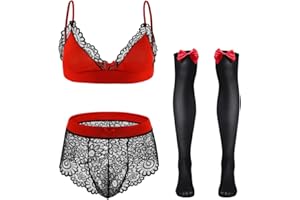 ABAFIP Men Sissy Underwear Floral Lace Bra Bikini Panties Bowknot Stockings 3 Piece Nightwear Sleepwear set