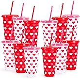 FYSUIMU 12 Pcs Valentine's Day Heart Plastic Tumblers with Lids Straws Reusable Cups 24oz Red Pink Love Heart Travel Mug Cups for Iced Coffee Beverage Drinks Party Supplies