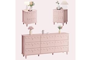 Anbuy 9 Drawer Dresser and Night Stand Sets for Bedroom, Two Drawers Nightstand Set of 2 & 9 Drawer Dresser Combo 3 Pieces (Pink)