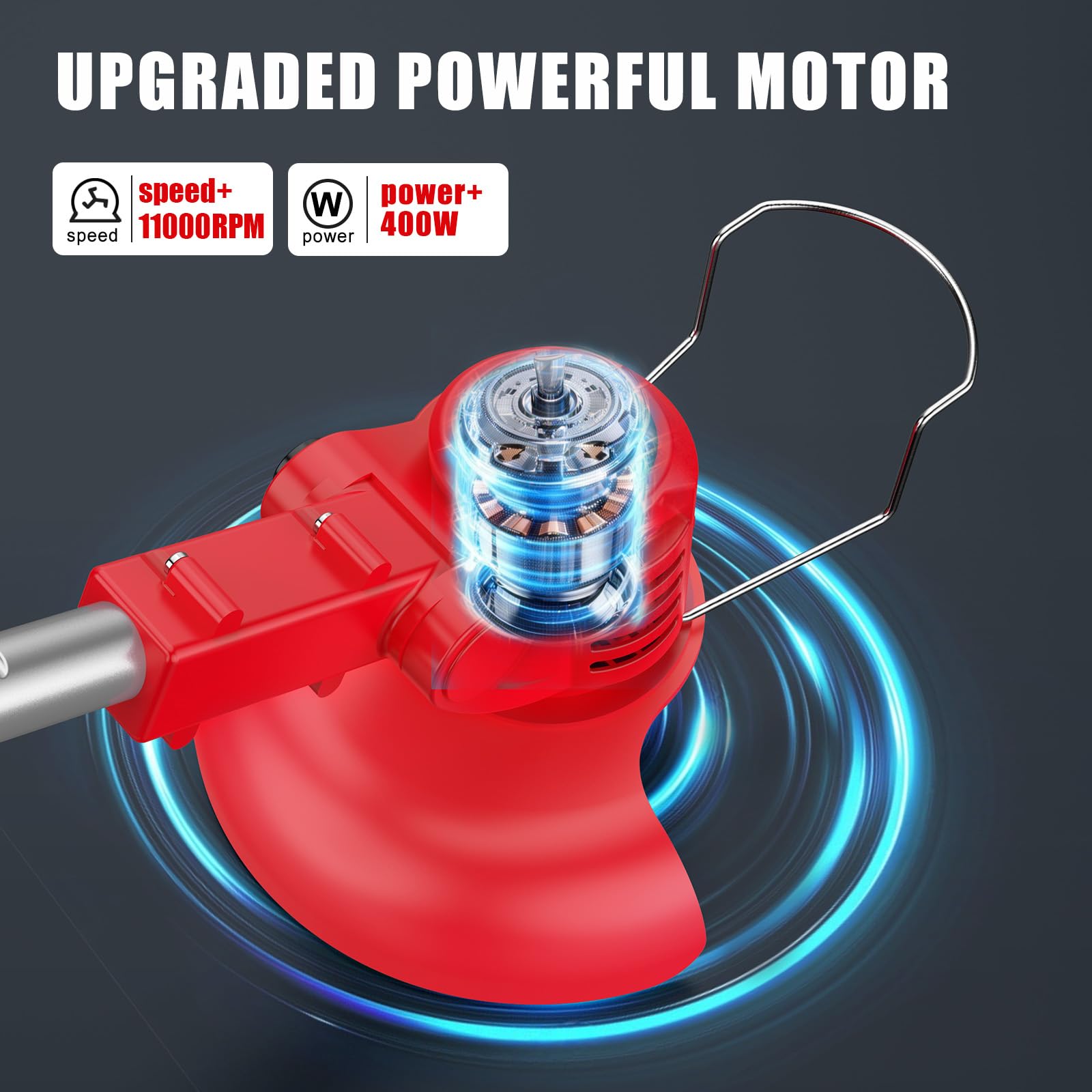 Bamse Rasentrimmer mit Akku – Akku Rasentrimmer, 11000 U/min, 2x2000mAh, Teleskopgriff 85–120cm, 2 Schneidköpfe – Freischneider Akku für Garten, Motorsense, Kantenschneider Rasen, Rot 8