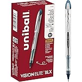 uniball&trade; Vision Elite BLX Rollerball Pens, Bold (0.8mm), Blue Ink, 12 Pack | Black ink infused with dramatic color, airplane-safe leak-proof design, smooth uni-Flow Ink System, fade-proof uni Super Ink