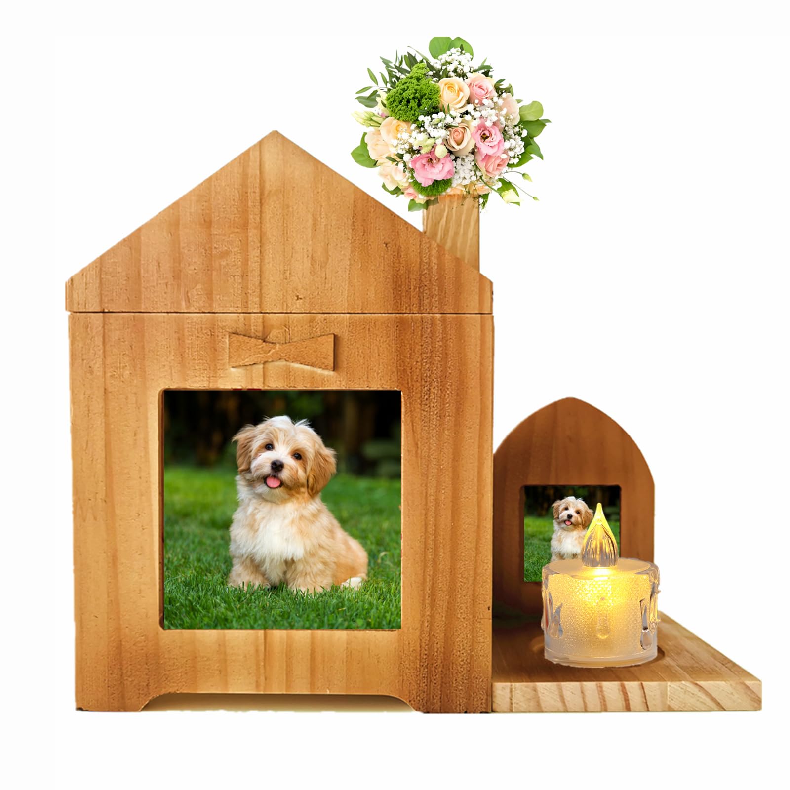 Personalised Pet Urn for Ashes, Wooden Keepsake House Dog Cat Memory Box with Candle Holder, Pet Memorial Keepsake Funerary Caskets, Pet Cremation Urn with Picture Frame for Dog Memorial Gifts