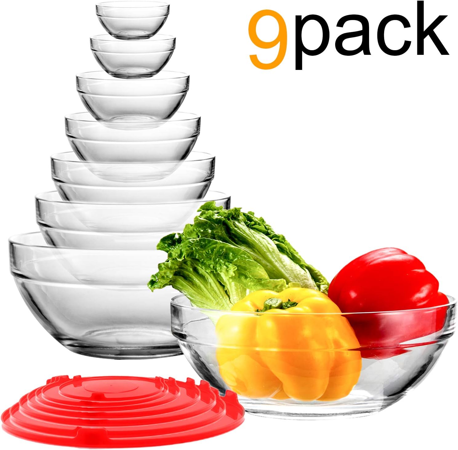 WERTIOO 9 Pcs Glsss Mixing Bowls Stackable Bowl Set with 7 pcs Lid for kitcken