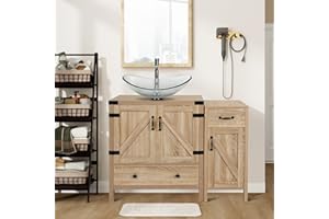 Puluomis 28 inch Bathroom Vanity with Bathroom Storage Cabinet, Modern Natural Color Wood Fixture Stand Pedestal Bathroom Cabinet with Clear Boat Glass Sink Top