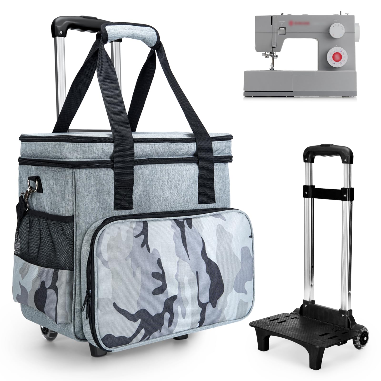 Photo 1 of Sewing Machine Case with Wheels, Rolling Sewing Machine Case, Rolling Sewing Machine Tote for Carrying, Sewing Machine Case with Detachable Dolly Rolling, Fits for Most Machines-Camouflage Gray