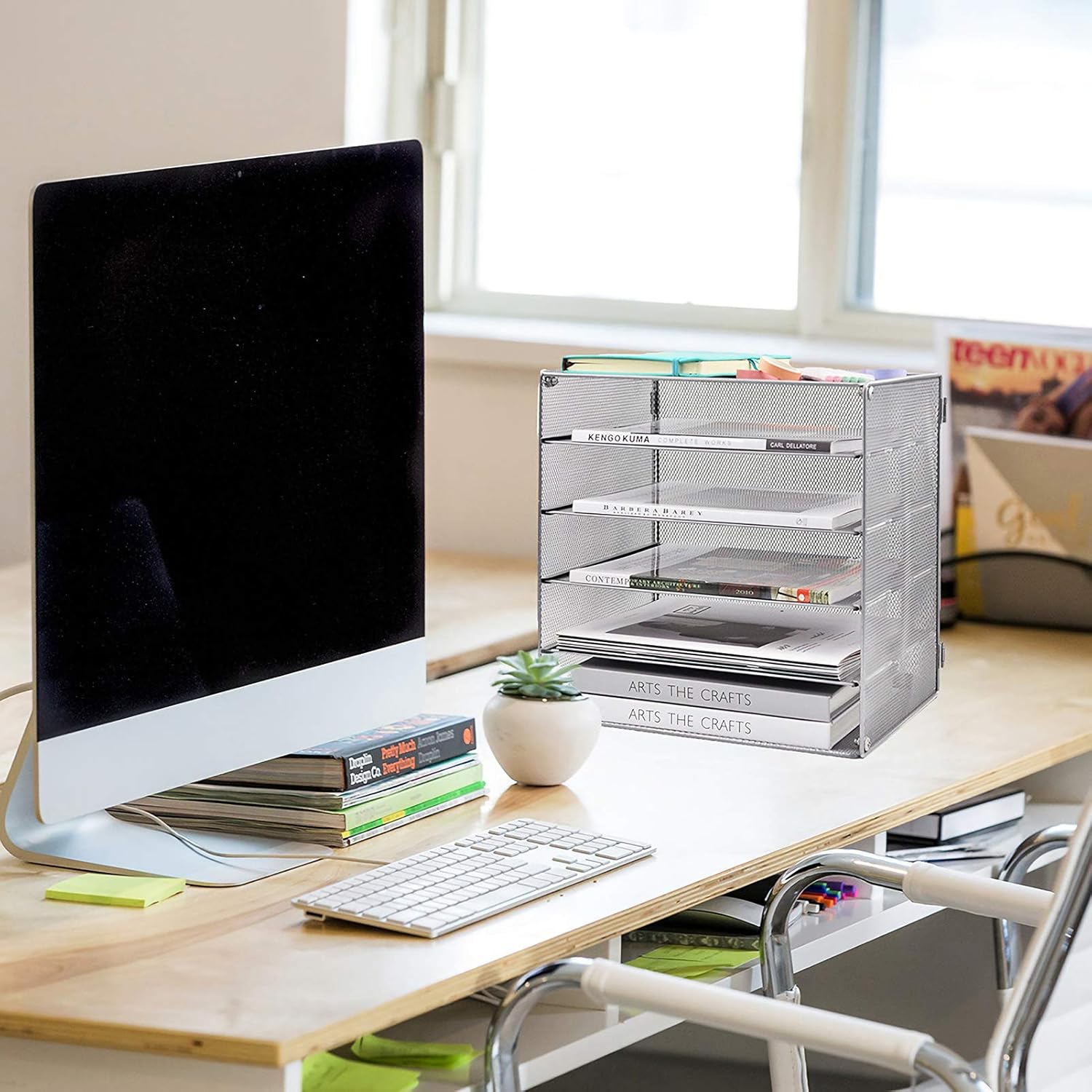 COSYAWN Paper Letter Tray Organizer, 5 Tier Mesh File Tray Desktop Paper Sorter, Silver : Office Products