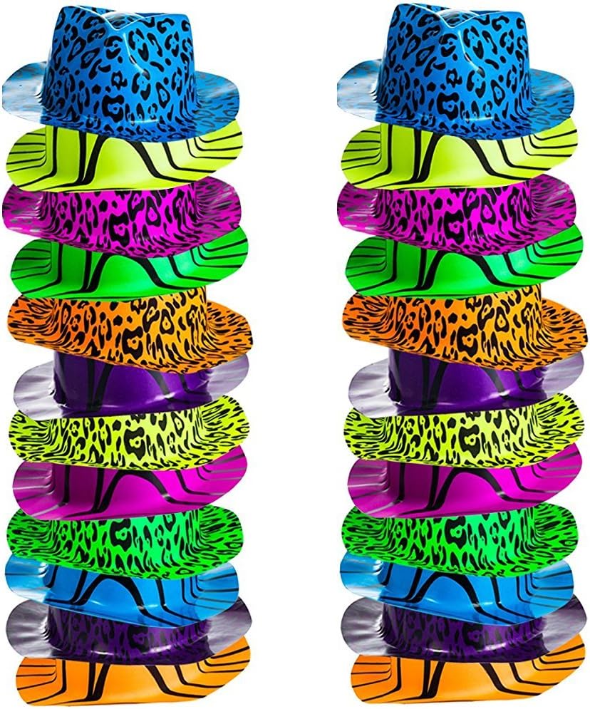 Neon Party Hats - 24 Pack - Plastic Gangster Hats - 80s Party Hats - Animal Print Party Hats by Funny Party Hats: Health & Personal Care
