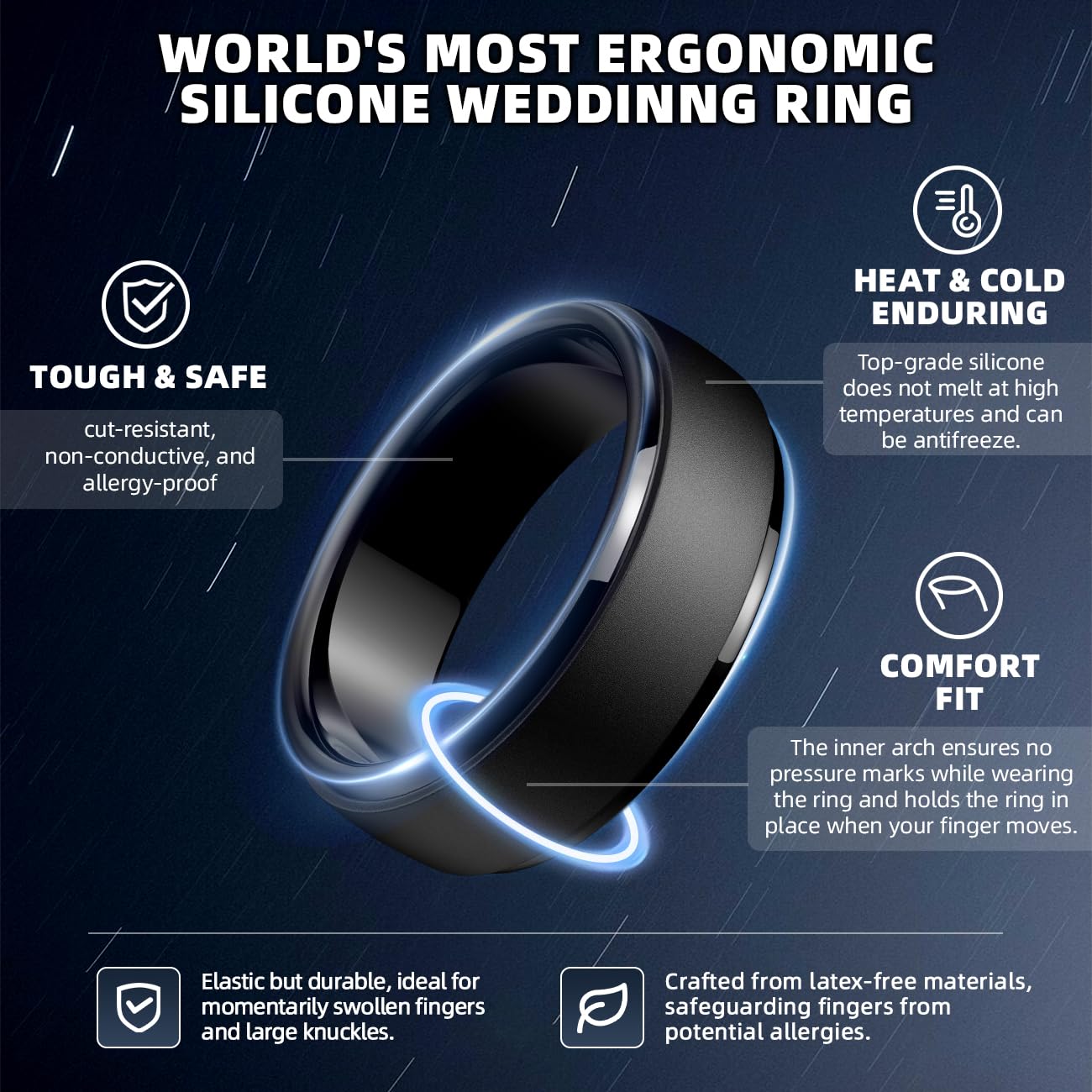 Egnaro Men's Silicone Wedding Rings: Classic Black Style Rubber ring - Hypoallergenic for Gym/Outdoor/Gift(1/4/7 Variety Pack with Half Size)