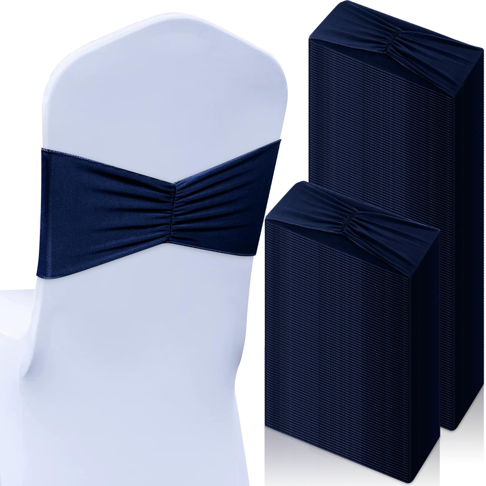 Photo 1 of Moukeren 100 Pcs Spandex Chair Sashes Bows Bands Slider Sashes for Chair Covers Elastic Bands Ties Ribbon Decorations for Wedding Party Events Ceremony Birthday Banquet(Navy Blue)