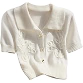WDIRARA Women's 3D Floral Short Sleeve Button Up Cardigan Sweater Collared Knit Tops