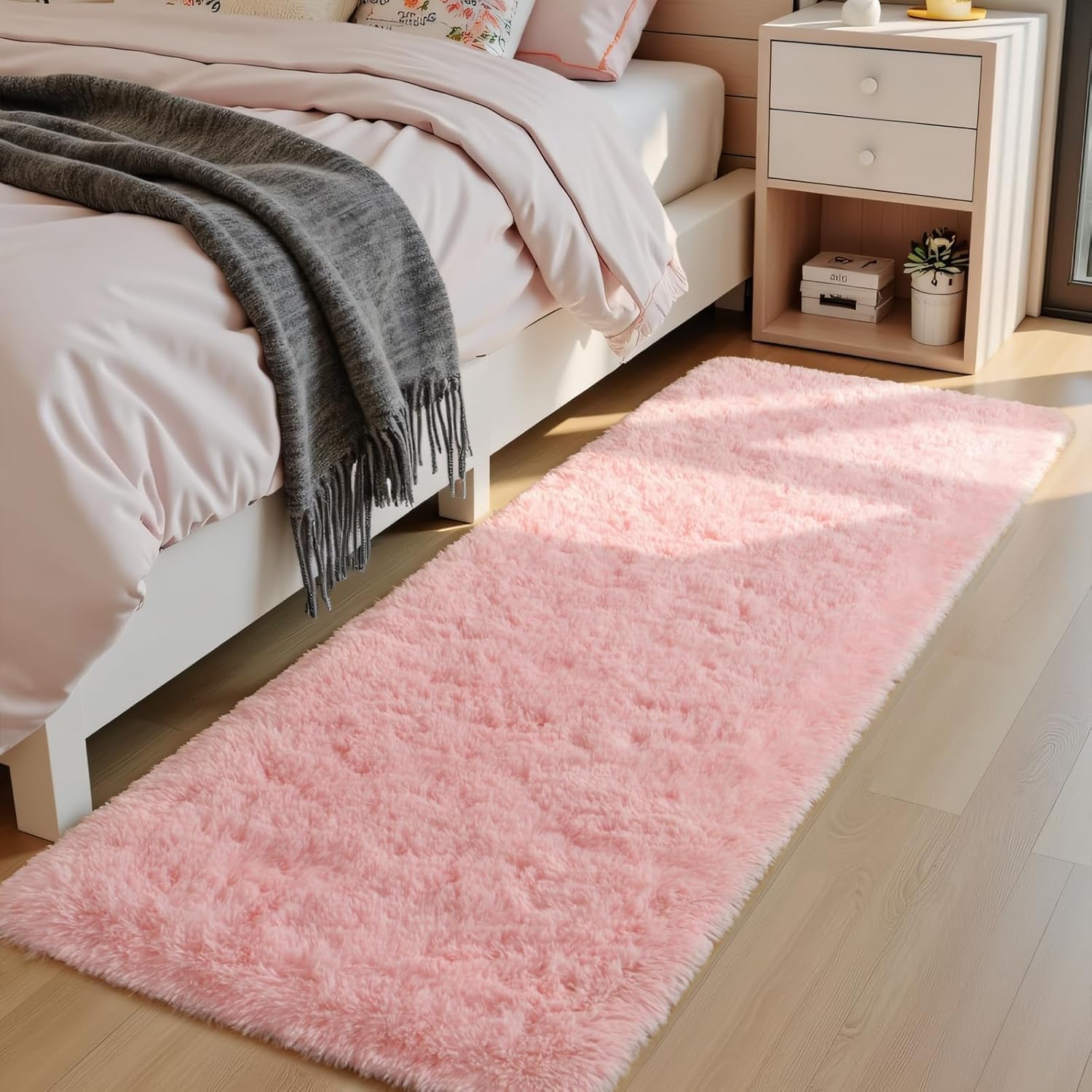 Aspire Homeware Rugs Living Room - Pink Area Rugs 60x220cm for Bedroom Anti Slip - Modern Super Soft Thick Pile Small Fluffy Shaggy Rug Non Shedding