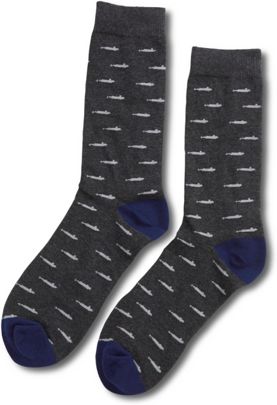Grey Submarine Dress Socks -One Size Fits Most - Grey Sock with Navy Heel and Toe