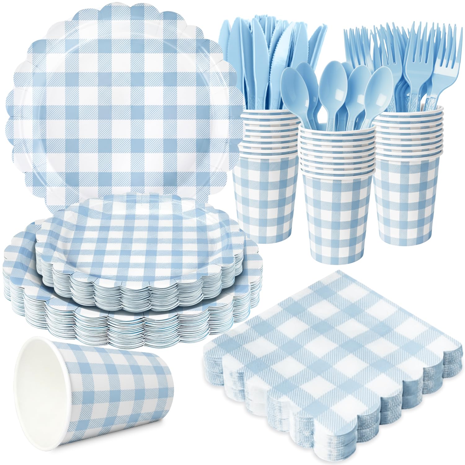 Photo 1 of 175 PCS Blue Gingham Party Supplies Includes Light Blue Gingham Paper Plates, Cups, Napkins, Cutlery for Wedding Bridal Shower Birthday Baby Shower Party Decorations, Serves 25