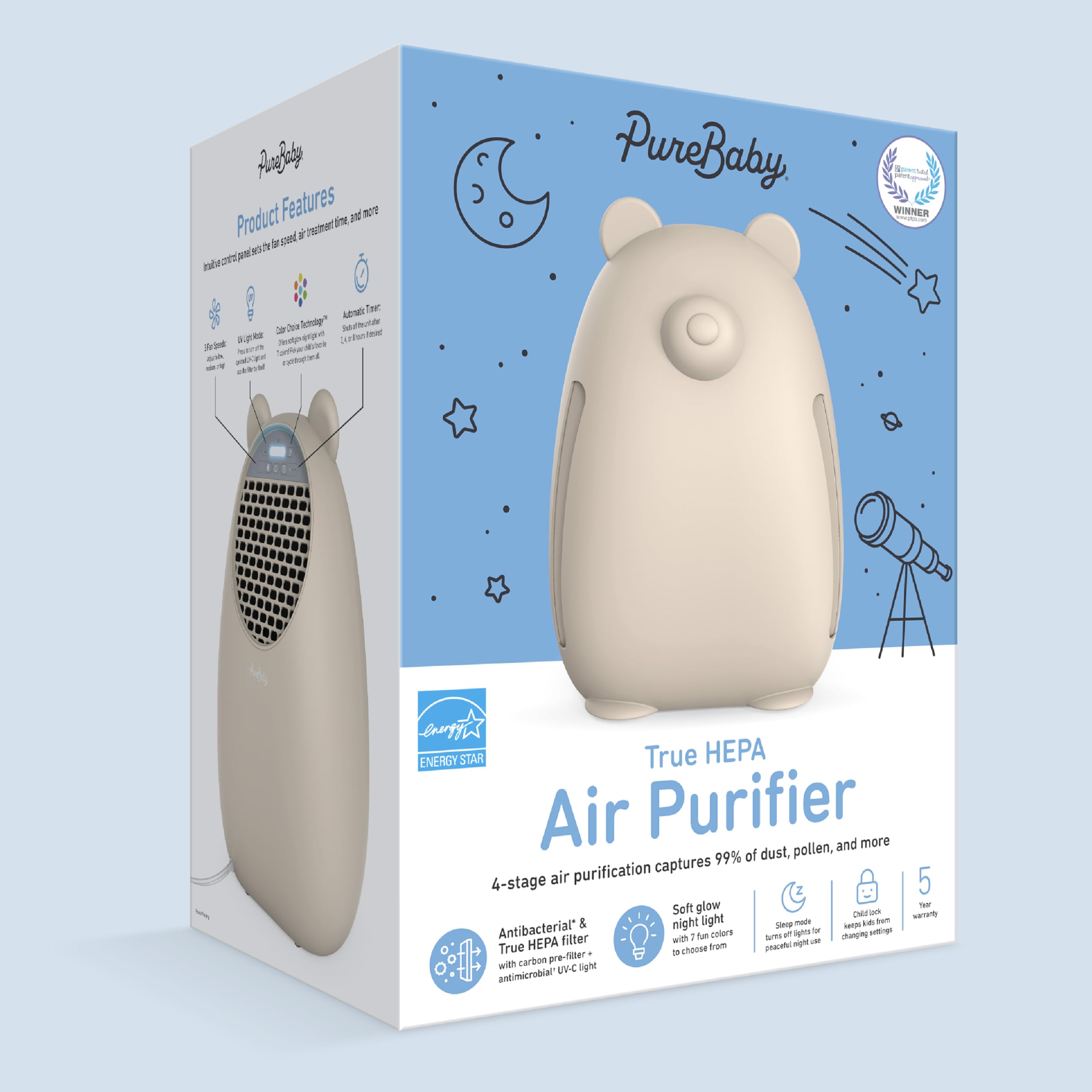 Pure Enrichment PureBaby Kids Bear Air True HEPA Air Purifier - Energy Star Rated, 4 Stage Filtration, UV-C Light, Night Light for Medium-Large Rooms - Baby Nurseries, Kid Bedrooms (Sweet Oat)