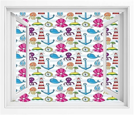 Amazon クジラ 絵画風 壁紙ポスター はがせるシール式 100x70 Cm クジラボートアイランドアンカータコジェリーフィス灯台とビーチテーマ 漫画アート 立体デザイン シール Pvc壁紙 インテリア雑貨 賃貸ok多色 ウォールステッカー オンライン通販