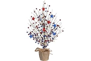 4th of July Decorations for Home, DECSPAS 20" Berry & Star Table Tree with Burlap Base Table Decor for Memorial Day, Fourth of July Patriotic Red White Blue Artificial Tree for Mantel, Indoor, Outdoor