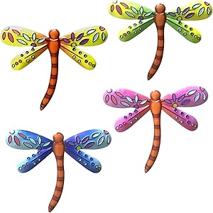 GEZICHTA 4pcs Metal Dragonfly Wall Decor,Dragonfly Hanging Ornament Art Decor,Dragonfly Wall Art Decorations Hanging for Kitchen, Outdoor, Fence