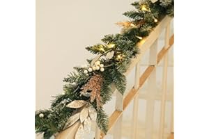 Bdor 6FT Christmas Garland with Glitter Leaves and Berries – Pre-Lit Artificial Pine Garland with Champagne Gold Accents – Elegant Holiday Decoration for Mantel, Staircase, Fireplace, and Front Door