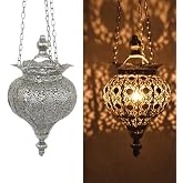 Westcharm Antique Silver Oriental Moroccan Ramadan Lantern Metal Hanging Pendant Light Candle Lantern Lamp Decorative Decor Indoor Outdoor - Small