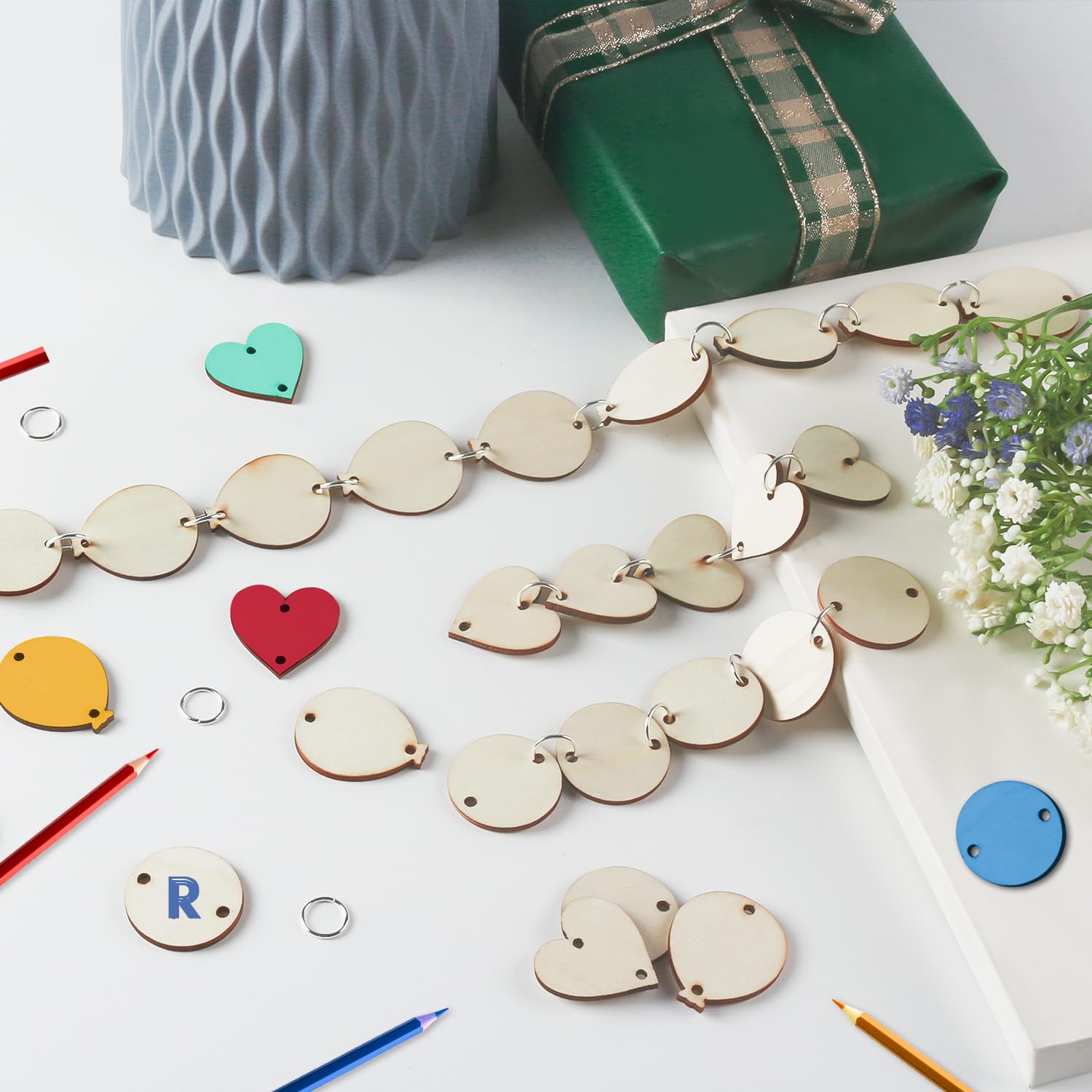 Family Birthday Plaque Tags Wooden Heart Circle Balloon Tags with Holes and Ring 210 Pieces in Total for Family Sign Birthday Calendar, Valentine, Chore Board Wood Crafts